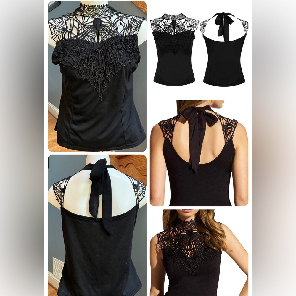 Elegant Black Lace Detail Tie Back Cut Out Top size Small EUC